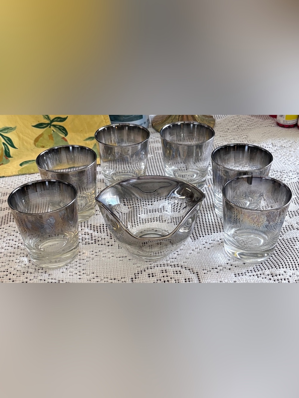 Vintage Dorothy Thorpe Silver Smoked Cocktail Bar glasses & bowl